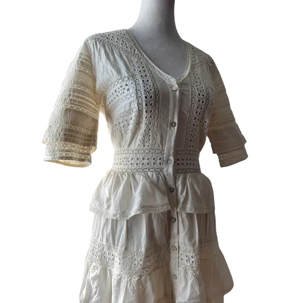 LoveShackFancy Rebecca 100% Cotton White Lace Embroidered Tiered Midi Dress - Image 8