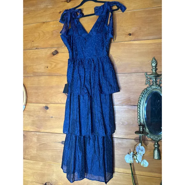 NWT Lulus Blissful Direction Navy Tie-Strap Clip Dot Bustier Midi Dress Gala M - Image 6
