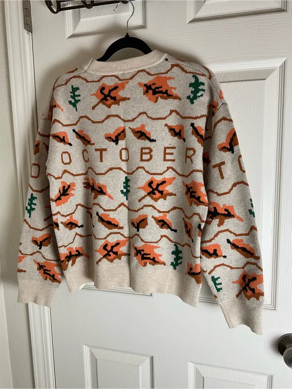 Vintage Style October Fall Sweater Beige Orange Leaves Trees Crewneck Medium / L - Image 7