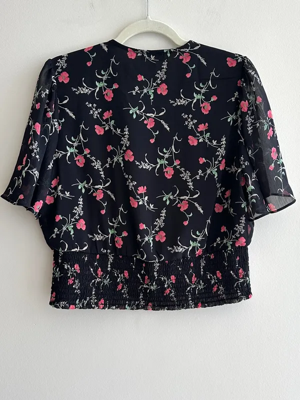 Haver London Smocked Waist Floral Flowy Blouse, Black/Pink, Size Large - Image 13