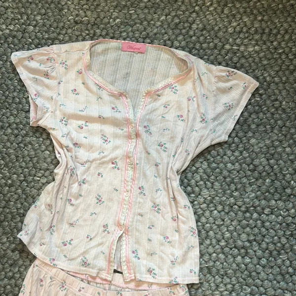 Whispers Vintage Pointelle Pink Floral Two Piece Pajama Set Size Small - Image 5
