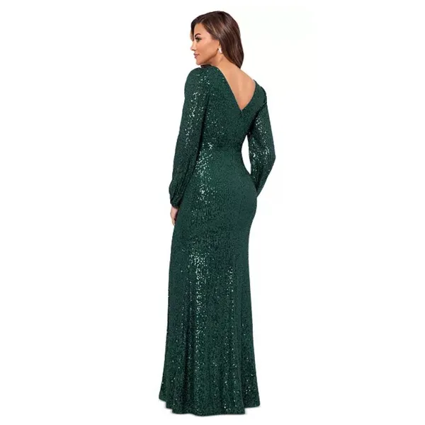 XSCAPE Women's Sequinned High-Slit Evening Gown‎ Hunter Green Size 4 - Image 2