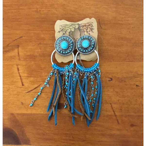 Justin Boots Turquoise Concho Fringe Earrings Western Cowgirl Boho Statement NWT - Image 2