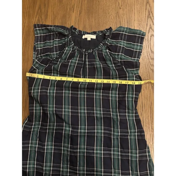 Loft Dress Women's 12 Blue Green Plaid‎ Shift Belted Short Sleeve Pleated Lined - Image 11