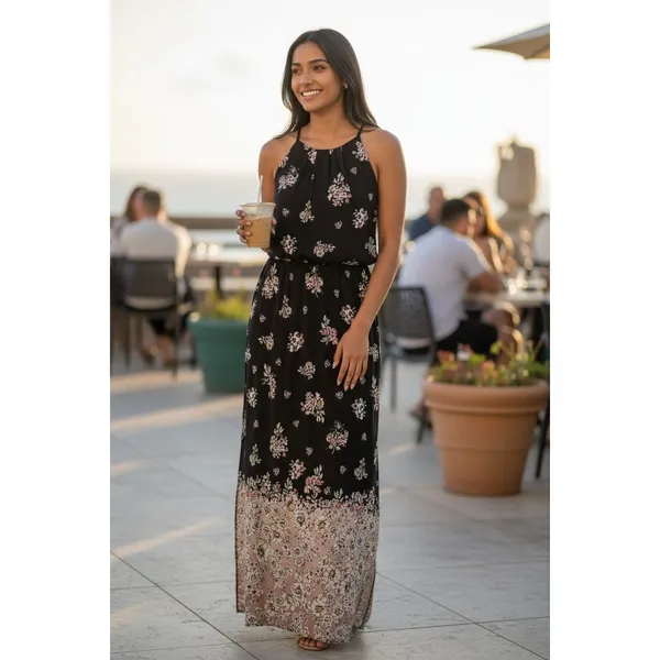 Maurices Black‎ Floral Halter Maxi Dress S Wedding Cruise Vacation Cottagecore - Image 2