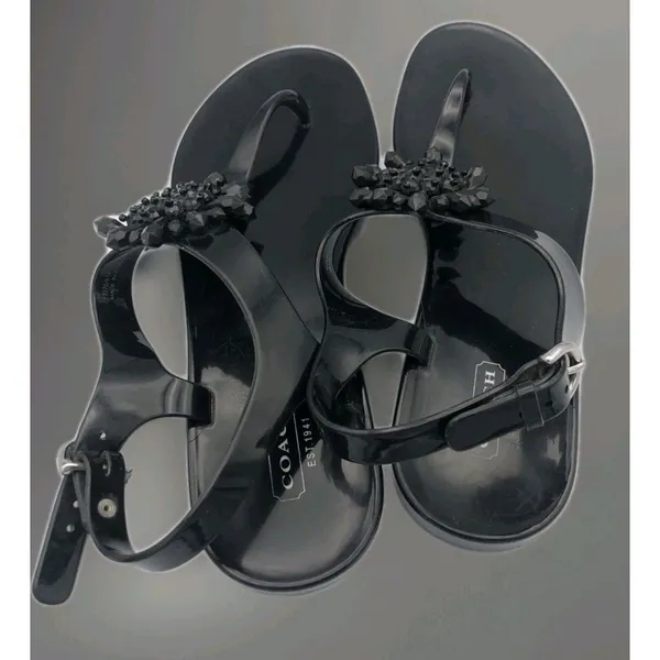 Coach Womens Hilda Jelly Black Floral Beaded Buckle Thong Sandals Size 6B - Image 2