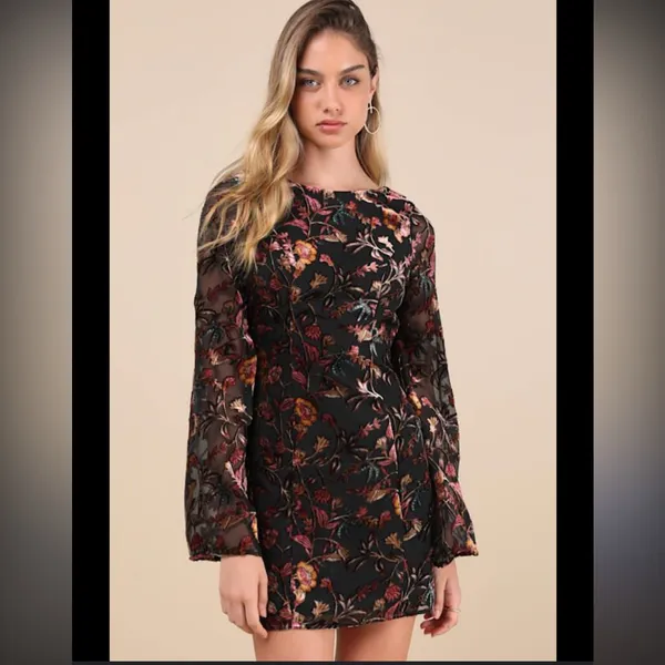 Lulus Charismatic Influence Black Burnout Velvet Cowl Back Mini Dress medium - Image 4