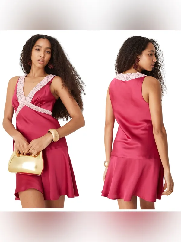 ASOS Design Satin Flippy Mini Dress Pink Lace Trim Sleeveless Women’s Size 6 - Image 2