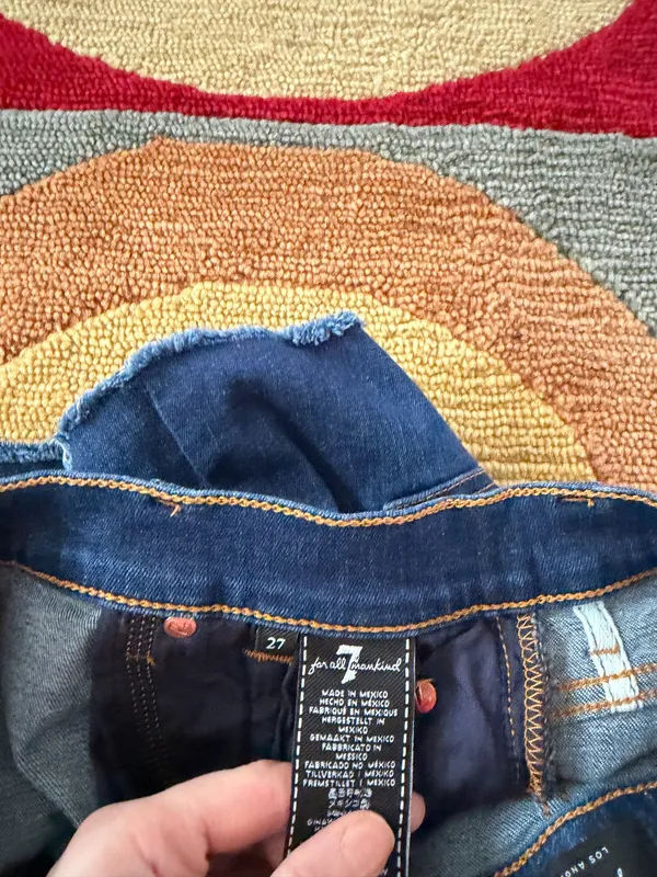 7 For All Mankind Blue Denim Jean Shorts Frayed Hem High Raise Size 27 Waist - Image 4