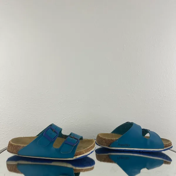 Birkenstock Two Tone Blue Leather Arizona Dual Strap Summer Slip On Sandals - Image 2
