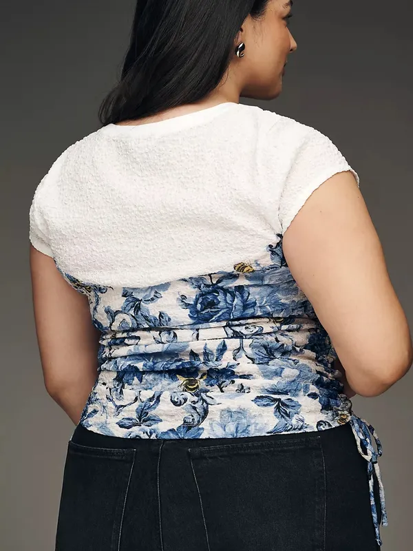 Anthropologie White Tee with Blue Floral Corset Detail - Image 7