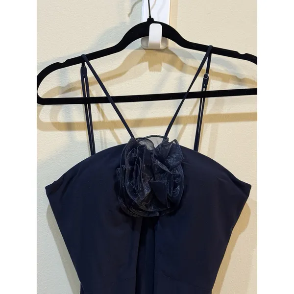 XSCAPE Women's Rosette Halter Gown Sleeveless Front slit Formal Dress Navy 10 - Image 4