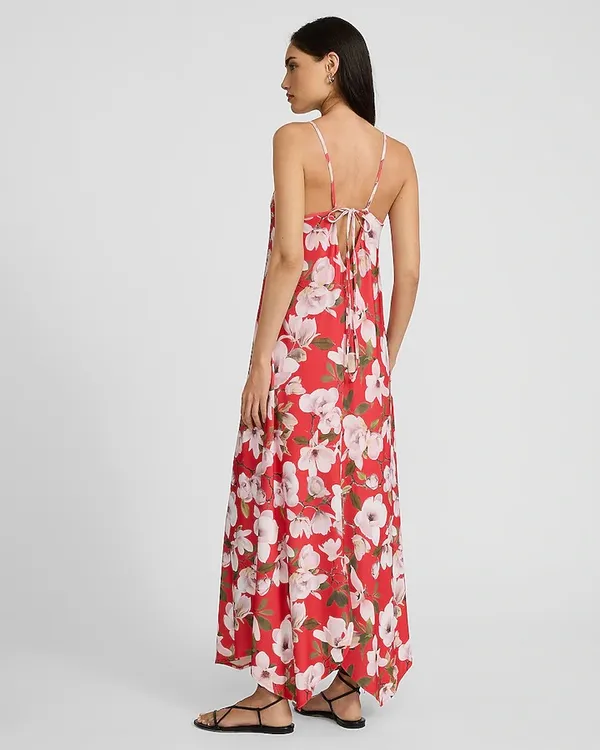 NEW WITH TAG EXPRESS Summer Floral Tie Back Asymmetrical Hem Maxi Red Dress - Image 2