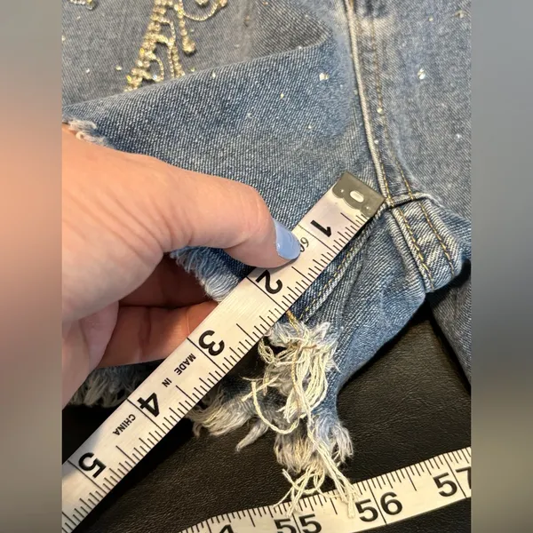 Rhinestone Fringe High-Rise Denim Shorts - Blue size Medium NWT - Image 10