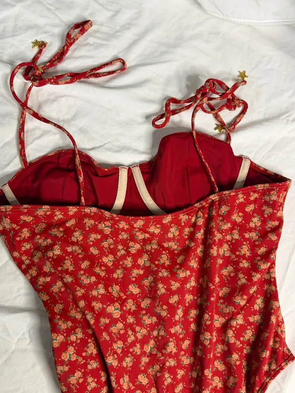 Pacsun Red Floral One-Piece Swimsuit - Image 4