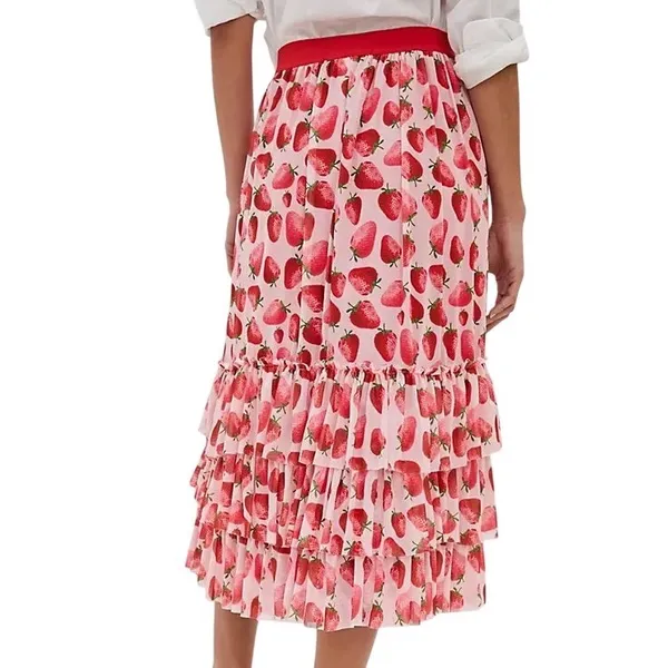 NWT Anthropologie Eva Franco‎ Strawberry Print Tiered Tulle Midi Skirt Size XS - Image 2