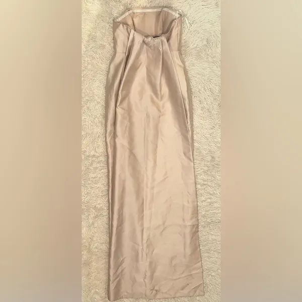 NEW Alfred Sung Strapless Satin Twill Column Gown Removable Train Champagne 14 - Image 4