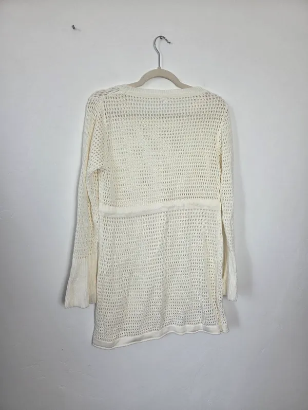 Ivory Cream Loose Knit Swim Cover Up Long Sleeve Sheer Cottagecore Beach Boho L - Image 11