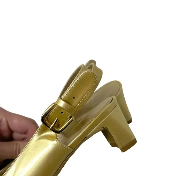 Stuart Weitzman Vintage Gold Tan Bow Kitten Open‎ Toe Heels Size 6 - Image 7