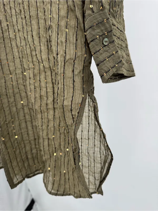 ZARA Woman's Sequin Oversized Tunic Top Shirt Olive Green M sheer casual coverup - Image 6