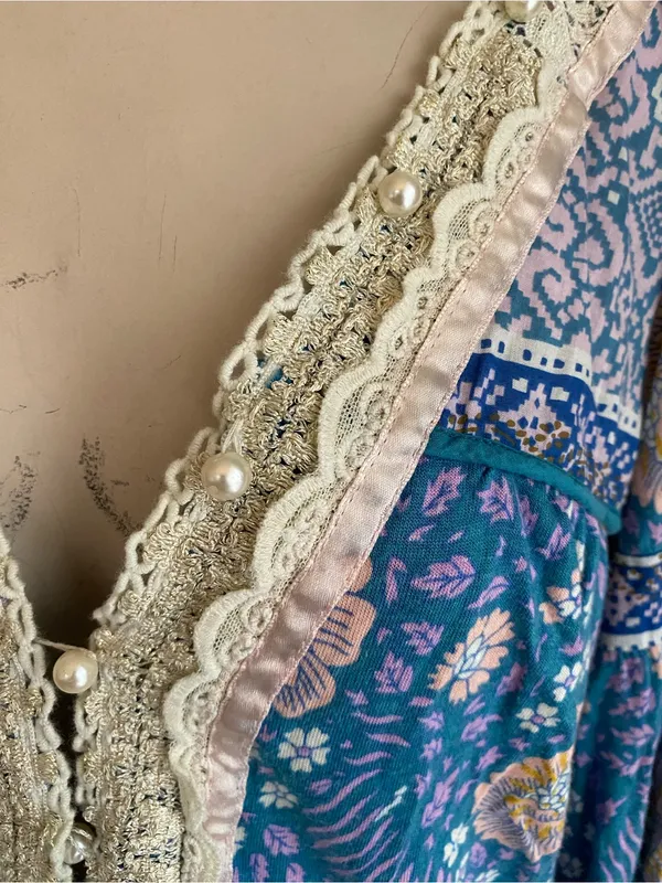 Free People boho Blue Purple Floral Tunic Lace trim Boho Cute 3/4 sleeve medium - Image 5