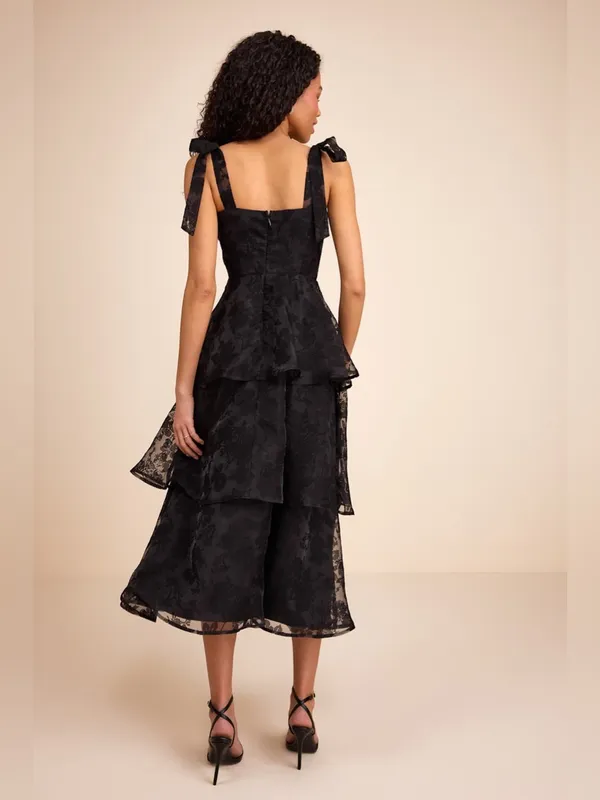 Lulus Glamorous Sweetie Black Burnout Tie-Strap Bustier Midi Dress Size Small - Image 3
