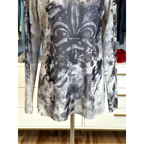 Rock & Republic Women's Fleur De Lis Gray Graphic Long Sleeve Mesh Top M - Image 3