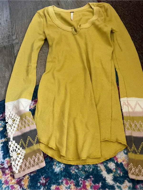 Free people Mustard Yellow Women's Knit Sweater with Patterned Crochet Cuffs - Image 5