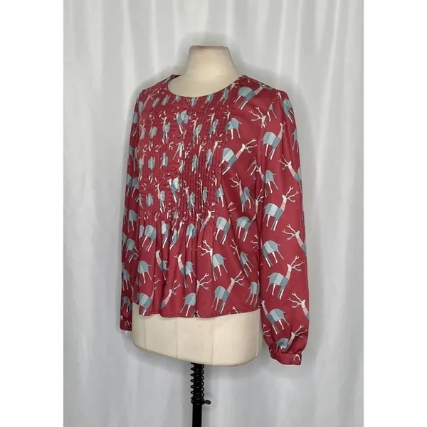 Anthropologie GEISHA DESIGNS Reindeer Deer Print Pleated‎ Top Blouse Medium - Image 4