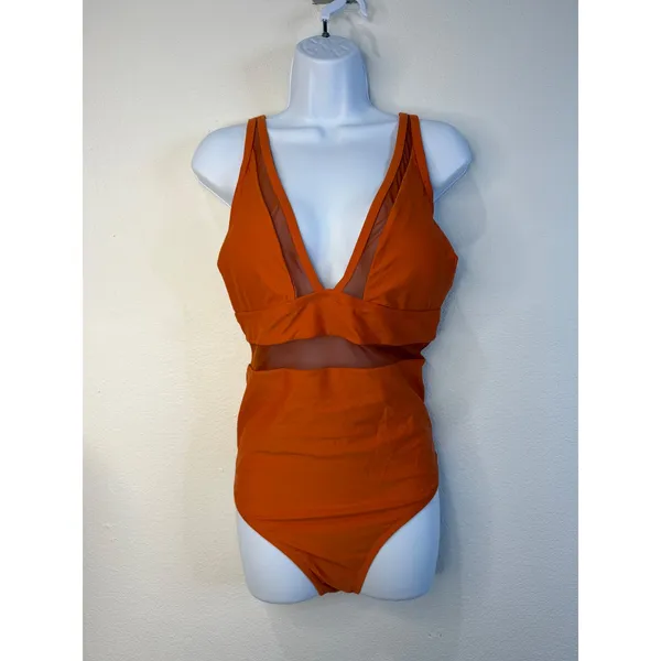 Cupshe Women Burnt Orange Mesh V-Neck One-Piece Swimsuit DGA12E3D001JJ 1X NWT - Image 3