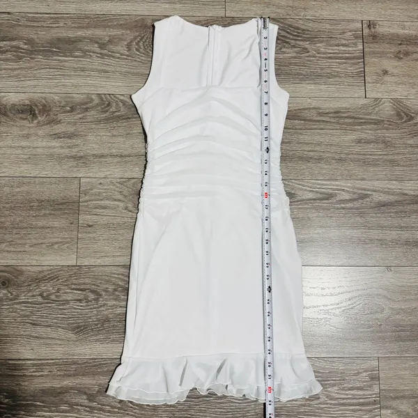 Fairy White Ruched Mesh Ruffle Hem Bodycon Lined Dress Square Neck Sleeveless‎ S - Image 13