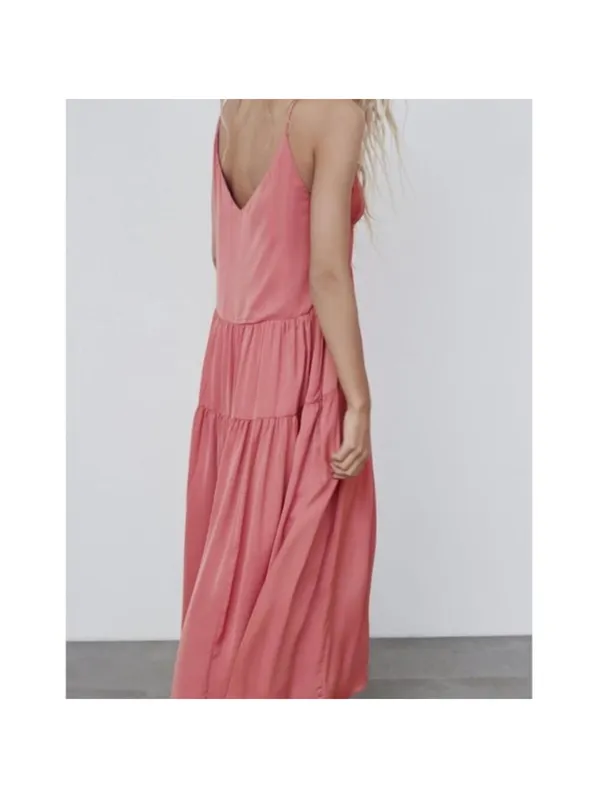 ZARA Babydoll Satin Tiered Cami Maxi Dress in Plum Pink XS/S $89 - Image 2
