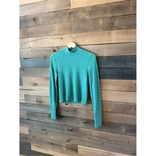 American Eagle Ribbed Mock Neck Long Sleeve Crop Top Teal Green - Image 3