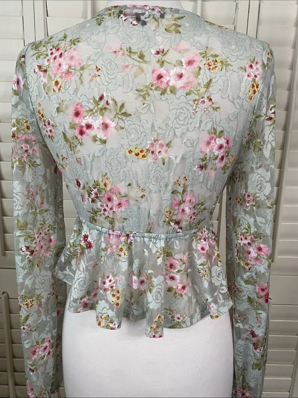 Lulu's Mint Floral Lace Peplum mesh Blouse with Pink Accents - Image 8