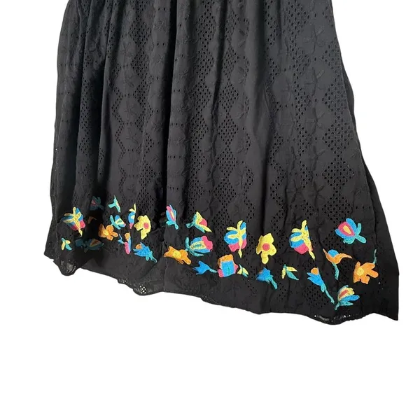 Black Eyelet Babydoll Embroidered Floral Mini Dress Size M Empire Waist Folk - Image 9