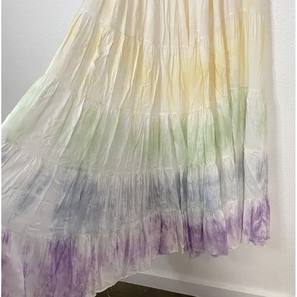 STORIA Tie Dye Maxi Dress Colorful Sleeveless Tasseled Straps Size S 100% Rayon - Image 8