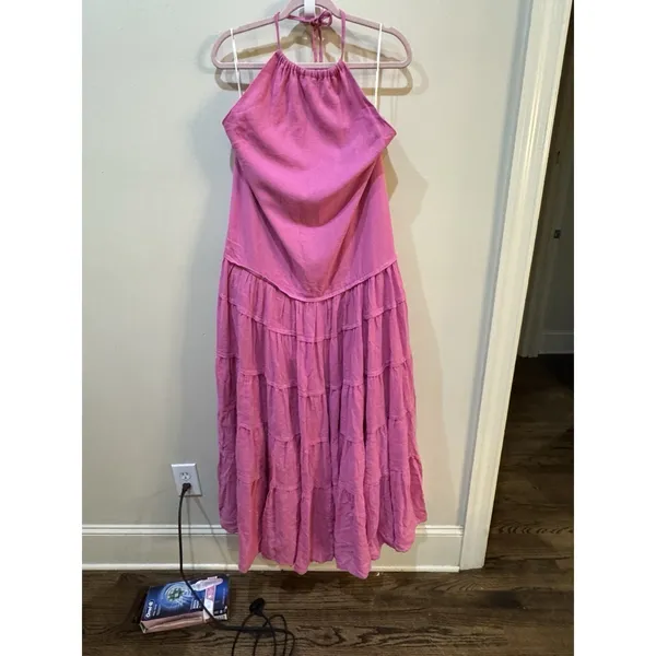 NEW Free People Somewhere Sunny Maxi Dress Pink Halter Tiered Drop Waist Size XL - Image 3