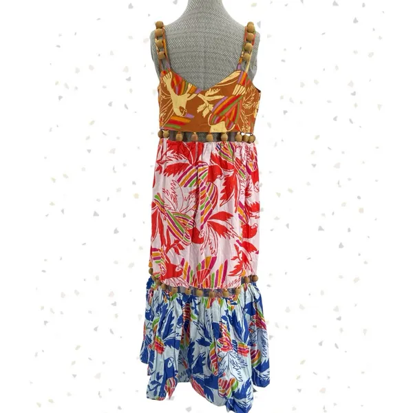 Farm Rio Bright Tropical Dress Wood Beads Colorful Summer Long Sundress Size M - Image 5