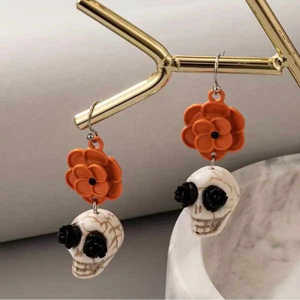 Skull Orange Flower Black Rose Eyes Drop Dangle‎ Earrings Faux Fashion Jewelry - Image 8
