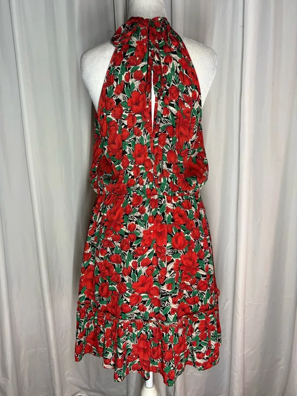 Red Floral Halter Mini Dress with Green Accents - Image 2
