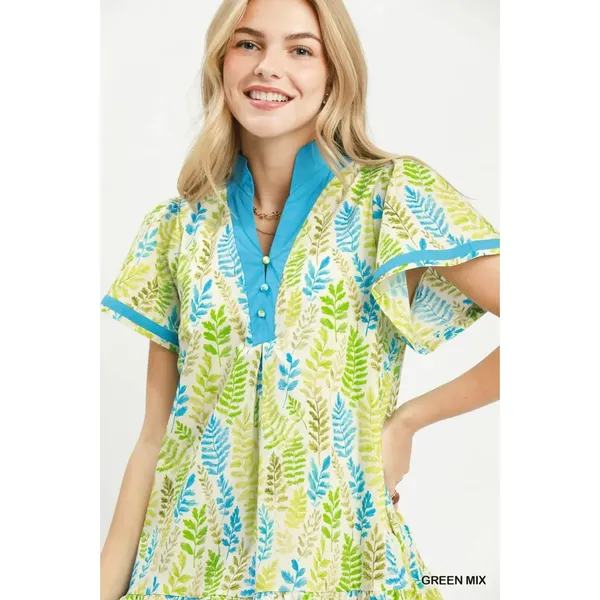 Umgee Leaf Print Flutter Sleeve Tiered Mini Dress - Green Mix - Small - Image 4