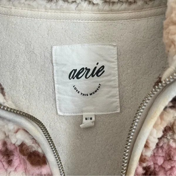 Aerie Sherpa Half Zip Pullover Snowflake Print Teddy Fleece Size M Pink Brown - Image 11