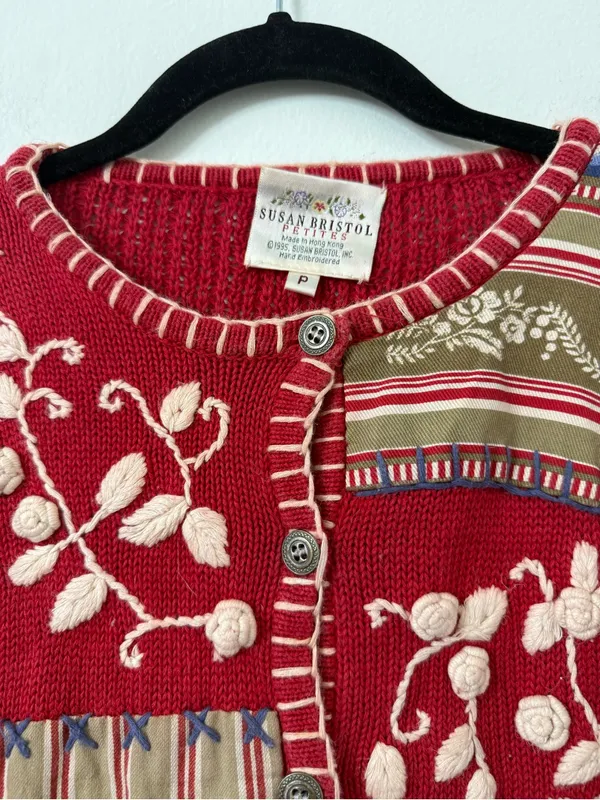 {S} Vintage Susan Bristol Red Embroidered Patchwork Cardigan 1995 - Image 3