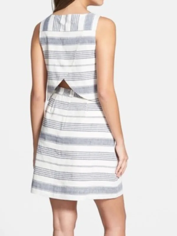 Madewell Striped Open Back Sleeveless Linen Cotton Blend Pleated Dress 2 - Image 4