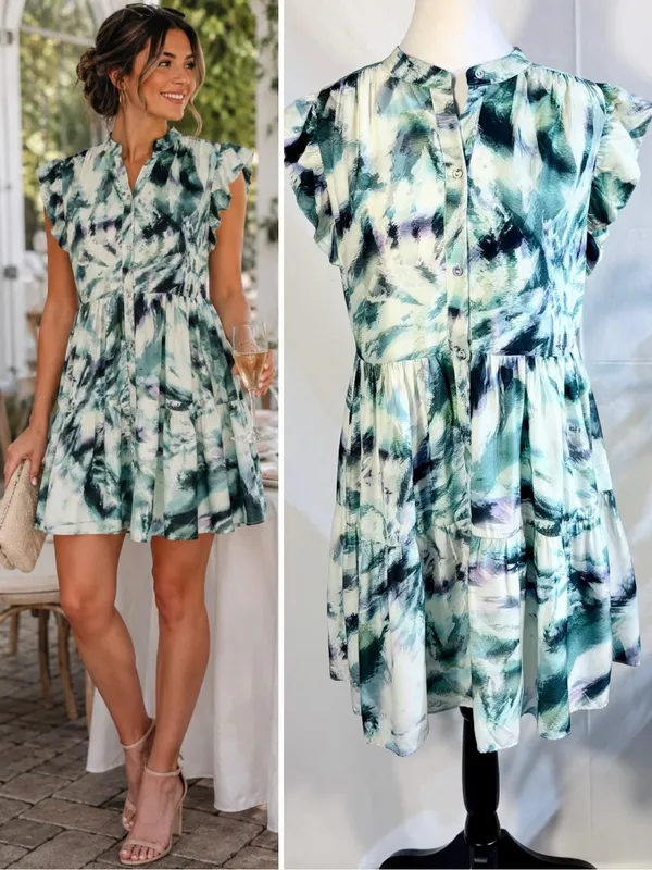 💥Marie Oliver Neelie Abstract Print Silk Blend Button Front Shirt Dress~XS🧡 - Image 2