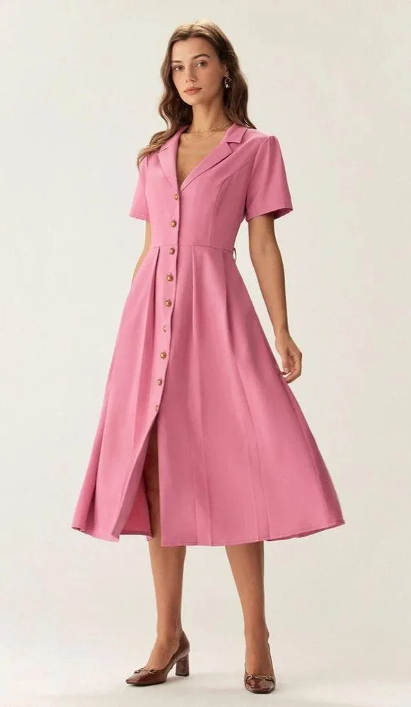 Rihoas Rose Red V-Neck Button Midi Dress - Image 3
