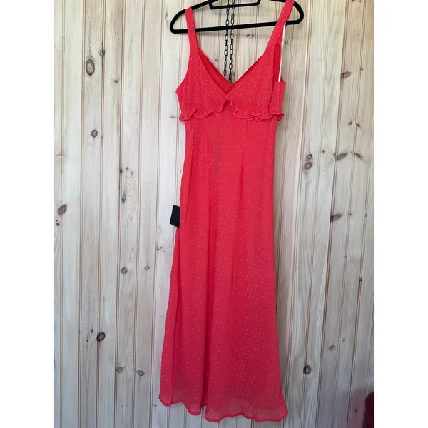 NWT Lulus Lulus Valonia Red Orange Ruffled Clip Dot Empire Waist Midi Dress Sz M - Image 7