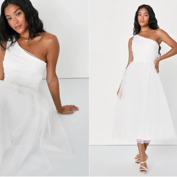 LULUS Bridal Bachelorette Engagement Bridal Shower Sexy One Shoulder Midi Dress - Image 2