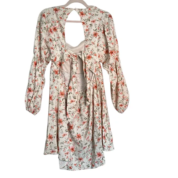 Arula‎ Cream Floral Linen Blend Long Sleeves Open Back Swing Mini Dress XL - Image 2
