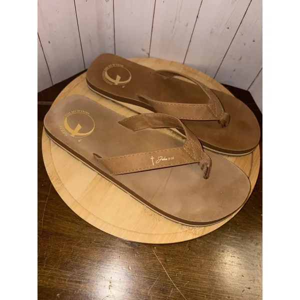 Walk In His Footsteps ‎ Sandals Cross Footprint John 3:16 Brown Size 8 - Image 2